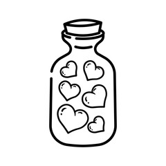 Made in uk A whimsical illustration line art of a glass bottle filled with red hearts, symbolizing love and affection.
