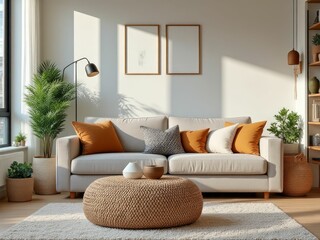 Fototapeta premium Sunlit Modern Living Room with Beige Sofa and Plants