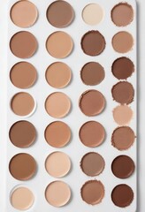 Fototapeta premium A flat plate of beige brown eyeshadows on a white background with a matching applicator, warm beige eyeshadow colors, eyeshadow palette plate