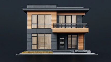 3d rendering of modern two story house with gray and wood accents, large windows, parking space in the right side of the building in night isolated on black