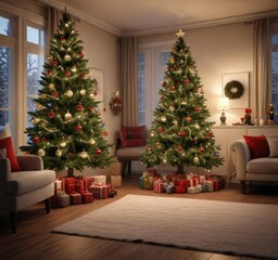 A festive Christmas tree with lights and ornaments in a cozy living room , cozy living room, twinkling lights, christmas atmosphere