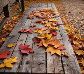 Obraz premium A fallen branch and a scattering of autumn leaves blanket the surface of an old wooden bench, seasonal decor, outdoor lifestyle