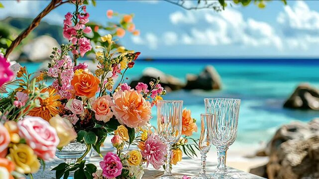 Decorated table reception at beach resort, where the gentle sound of waves and rustling palm leaves provide a soothing soundtrack to the event
