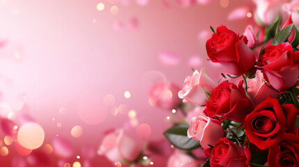 Beautiful bouquet of red and pink roses with soft background