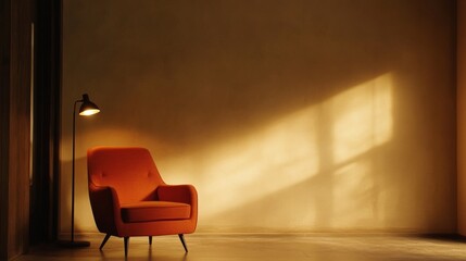 Fototapeta premium Modern interior of living room with red armchair on empty beige color and hidden lighting wall background. 3d render