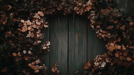 Autumn leaves and flowers frame a wooden background