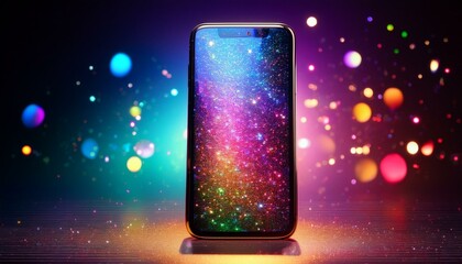 Obraz premium スクリーン画面が虹色に輝くスマートフォン。AIで生成 