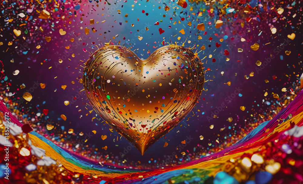 Poster Gold heart with many colorful pieces of paper surrounding it. The heart is in the center of the image