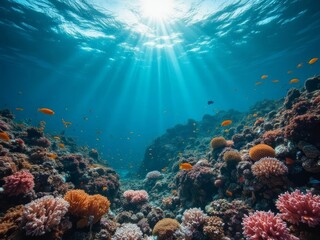 Obraz premium Vibrant Coral Reef Ecosystem With Sunbeams And Fish