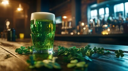 Celebration atmosphere with a pint of green beer and festive clover garlands on a rustic bar top for St Patricks Day