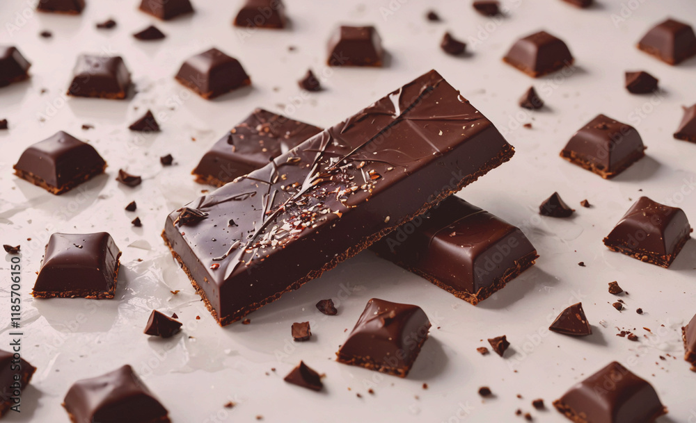 Poster bar of chocolate with a few pieces of it on the ground. the bar is cut into squares