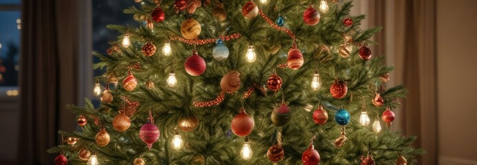 A beautifully decorated Christmas tree lit up with colorful lights and adorned with cinnamon scented ornaments, festive, holiday, lights