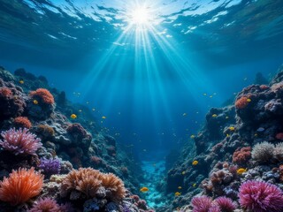 Fototapeta premium Vibrant Coral Reef Ecosystem With Sunbeams And Fish