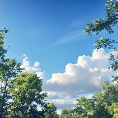 Fototapeta premium A beautiful blue sky with soft, white clouds and a gentle breeze rustling the trees, rustling leaves, spring, blue sky