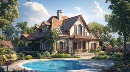 Modern house with swimming pool isolated on background.3d rendering