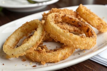 A crispy fried onion ring sizzles on a white plate with its golden brown edges curled up and tantalizing aromas wafting out of the image, crispy snack, yellow, side dish, golden