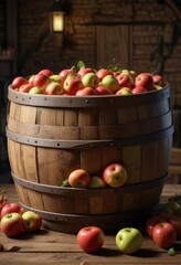 A basket of apples is placed in a large wooden barrel with a lid , rustic, fruit