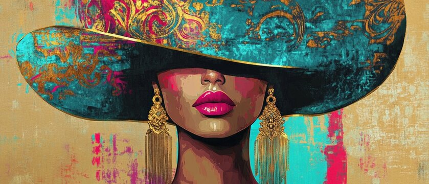 Portrait of a woman wearing a large, vibrant hat with artistic details, showcasing bold colors and elegant earrings. Creative fashion, beauty, and art concept.