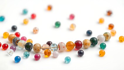 Colorful beads arranged in a semi-circle on a white background.