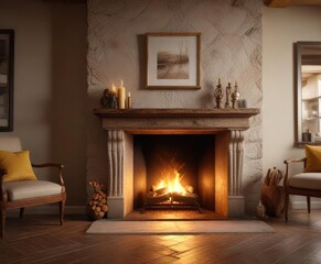 A crackling fireplace with a warm golden light casting on the surrounding room, festive atmosphere, cozy cabin, warm glow