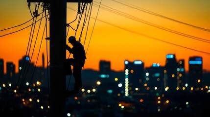 a close up of a lineman on an electric pole