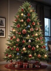 A large Christmas tree with ornaments and lights decorated on its branches, holiday decor, tree decorating, festive