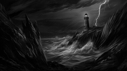 Fototapeta premium A Black and White Painting of a Lighthouse in the Middle of a Stormy Sea - Generative AI