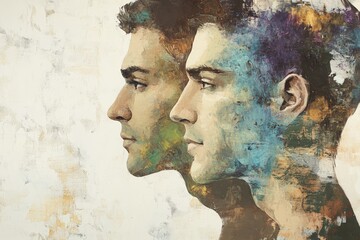 Portrait of two male figures in profile with vibrant abstract colors blending together. Art, creativity, and representation of duality or identity concepts.