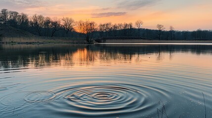 Calm water surface with gentle ripples under a beautiful pastel sky. Enjoying the peaceful and serene scene where the water gently moves beneath the soft-hued sky.