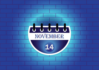 A stylized calendar page showcasing November 14th.  The design features a clean, modern aesthetic, set against a textured blue brick wall backdrop.