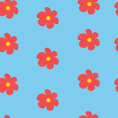 Repeating red flowers with yellow centers on a light blue background, creating a playful and cheerful seamless pattern