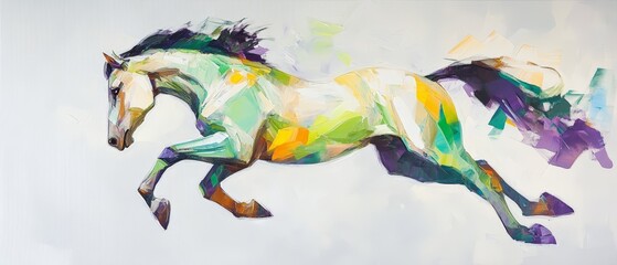 Running horse in vibrant colors with abstract art style, capturing motion and energy, perfect for equestrian themes, animal artwork, or dynamic designs.