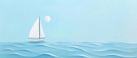 Sailboat gliding on calm blue ocean waters under a bright sun, representing tranquil summer seaside adventures and serene coastal landscapes for relaxation.