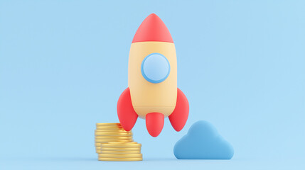 3D illustration of a colorful rocket launching among coins and clouds on blue background