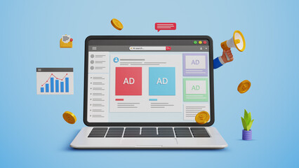 Online advertising concept. Digital marketing, product ads, promotion, campaign or services advertisement. Social media advertising on a laptop. 3D illustration