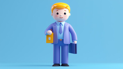 3D cartoon-style businessman holding briefcase and folder against a bright blue background