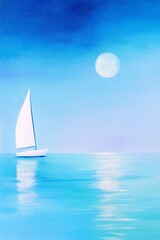 Obraz premium Sailboat on calm ocean waters under a full moon, serene night sky with blue hues, tranquil scene for relaxation and meditation in maritime art.
