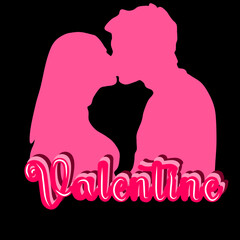 Happy valentine's day, kissing silhouette illustration, valentine text, Hand lettering, calligraphy vector 