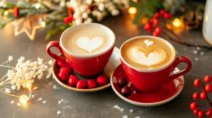 Obraz premium Warm coffee cups with heart shaped latte art on festive table setting