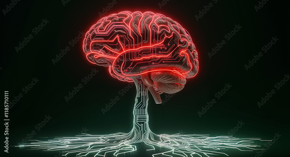 Poster neon brain interface with processor lines, concept of artificial intelligence . generative ai