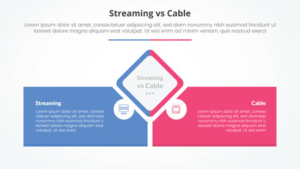 streaming services vs cable comparison opposite infographic concept for slide presentation with diamond shape center with rectangle box bottom with flat style