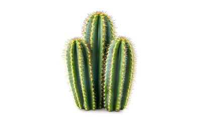 Three green cacti with yellow spines isolated on white.