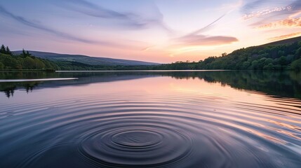 Obraz premium Calm water surface with gentle ripples under a beautiful pastel sky. Enjoying the peaceful and serene scene where the water gently moves beneath the soft-hued sky.