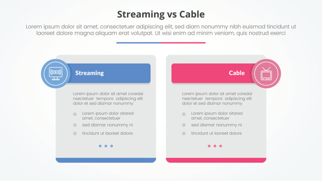 streaming services vs cable comparison opposite infographic concept for slide presentation with big box table and circle badge header with flat style