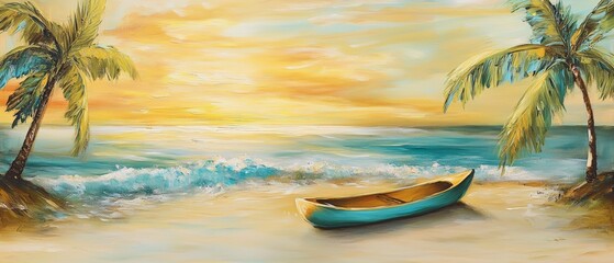 Fototapeta premium Sunrise over tranquil beach with colorful boat, waves gently lapping at shore, and palm trees framing a serene tropical landscape. Perfect for vacation and relaxation themes.