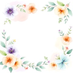 Fototapeta premium Watercolor floral frame with pastel flowers and leaves.