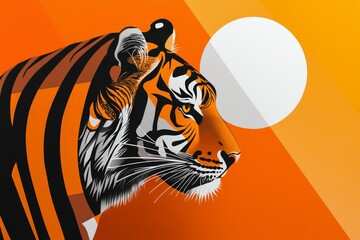 Obraz premium Tiger illustration with vibrant colors featuring a sunset backdrop, showcasing wildlife art and creativity in the depiction of this majestic animal in a modern style.