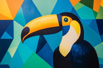 Naklejka premium Toucan illustration with vibrant colors and geometric patterns, showcasing the beauty of tropical wildlife art for decor, education, or nature-themed projects.