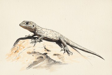 Naklejka premium A detailed illustration of a lizard perched on a rocky surface, showcasing its unique textures and colors in a natural setting, highlighting the beauty of wildlife.
