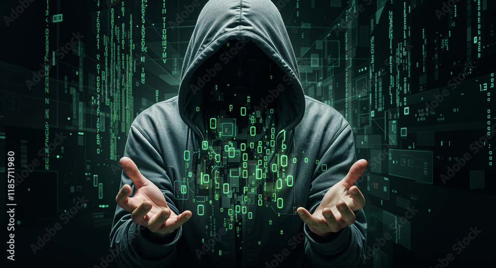 Poster hacker without a face in a hood with a neon interface on the background . generative ai